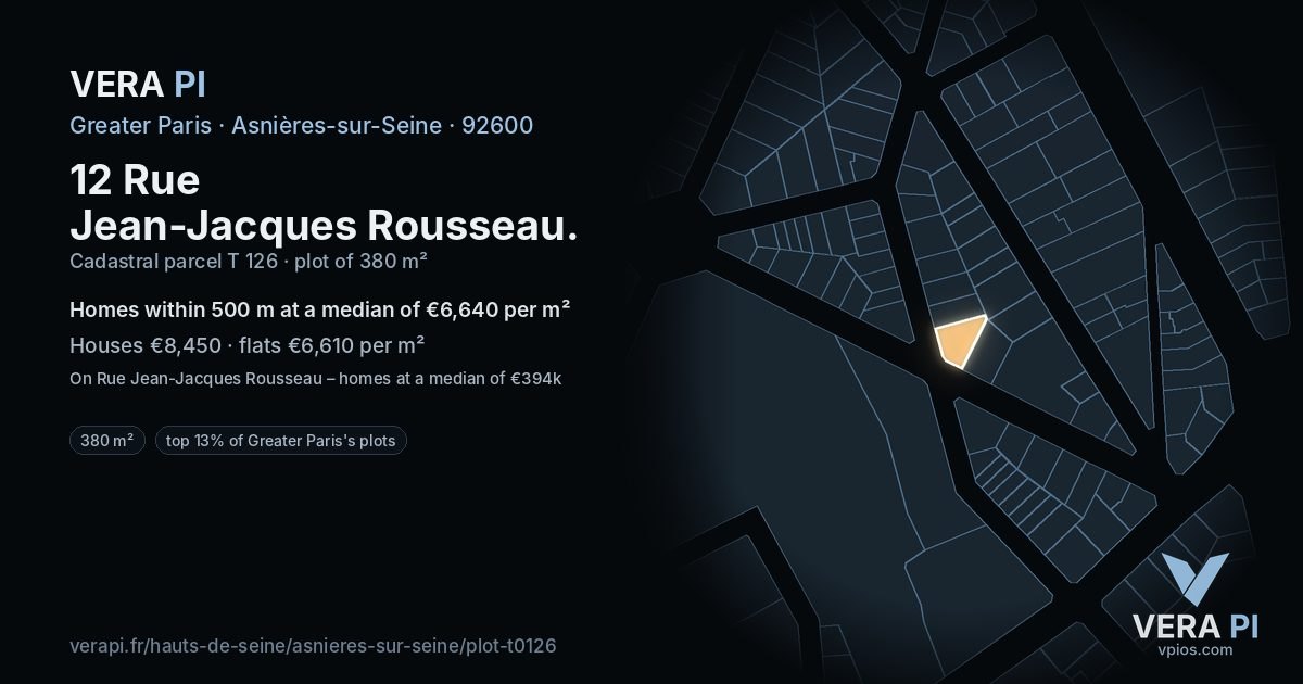 12 Rue Jean-Jacques Rousseau, Asnières-sur-Seine at night – the plot lit, the parcels around coloured by the prices near them