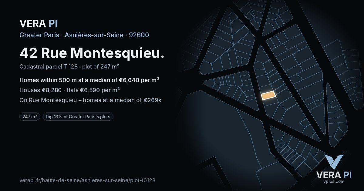 42 Rue Montesquieu, Asnières-sur-Seine at night – the plot lit, the parcels around coloured by the prices near them