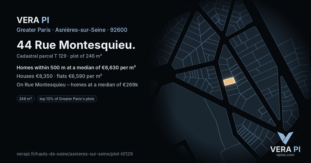 44 Rue Montesquieu, Asnières-sur-Seine at night – the plot lit, the parcels around coloured by the prices near them