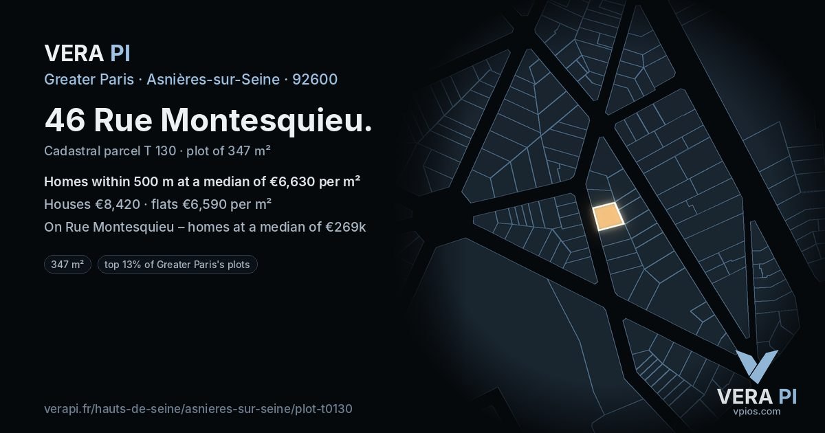 46 Rue Montesquieu, Asnières-sur-Seine at night – the plot lit, the parcels around coloured by the prices near them