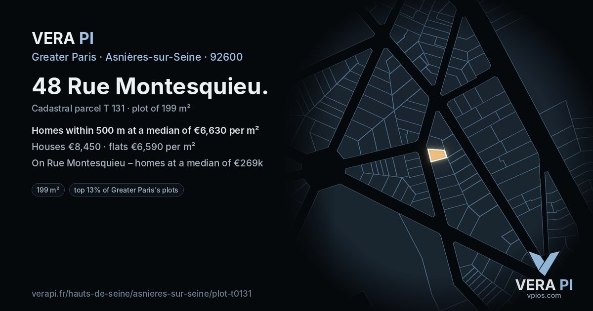 48 Rue Montesquieu, Asnières-sur-Seine at night – the plot lit, the parcels around coloured by the prices near them