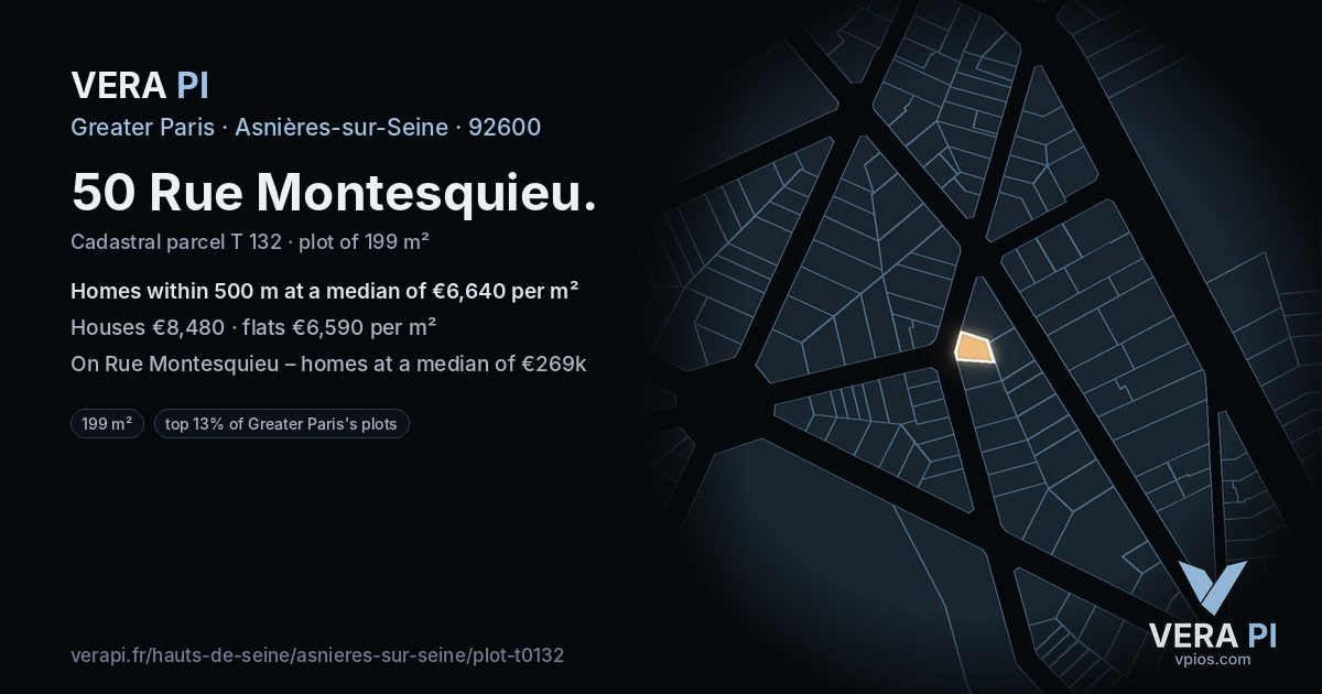 50 Rue Montesquieu, Asnières-sur-Seine at night – the plot lit, the parcels around coloured by the prices near them