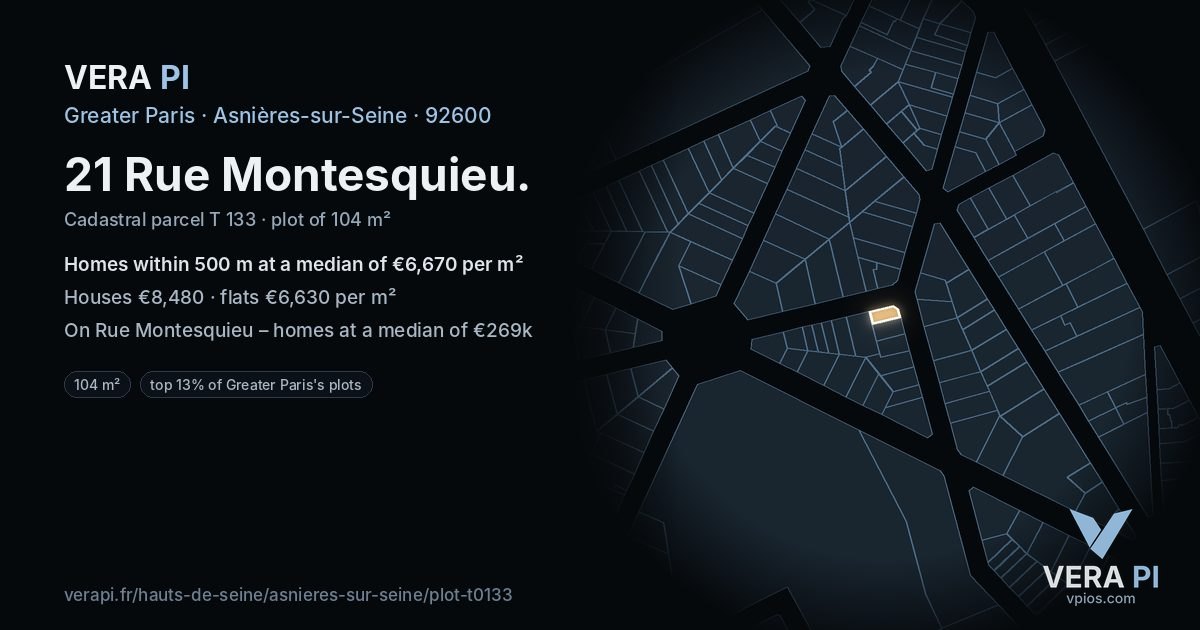 21 Rue Montesquieu, Asnières-sur-Seine at night – the plot lit, the parcels around coloured by the prices near them
