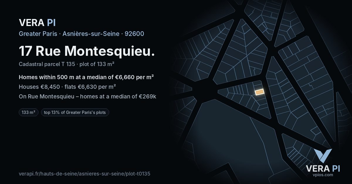 17 Rue Montesquieu, Asnières-sur-Seine at night – the plot lit, the parcels around coloured by the prices near them