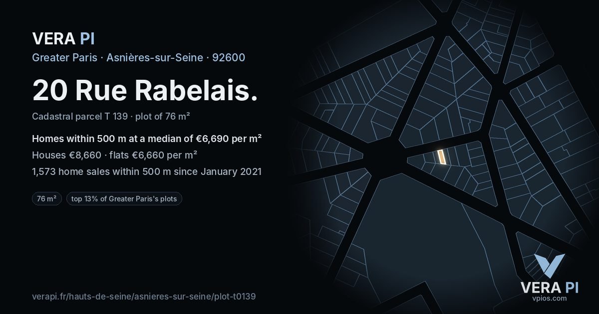 20 Rue Rabelais, Asnières-sur-Seine at night – the plot lit, the parcels around coloured by the prices near them