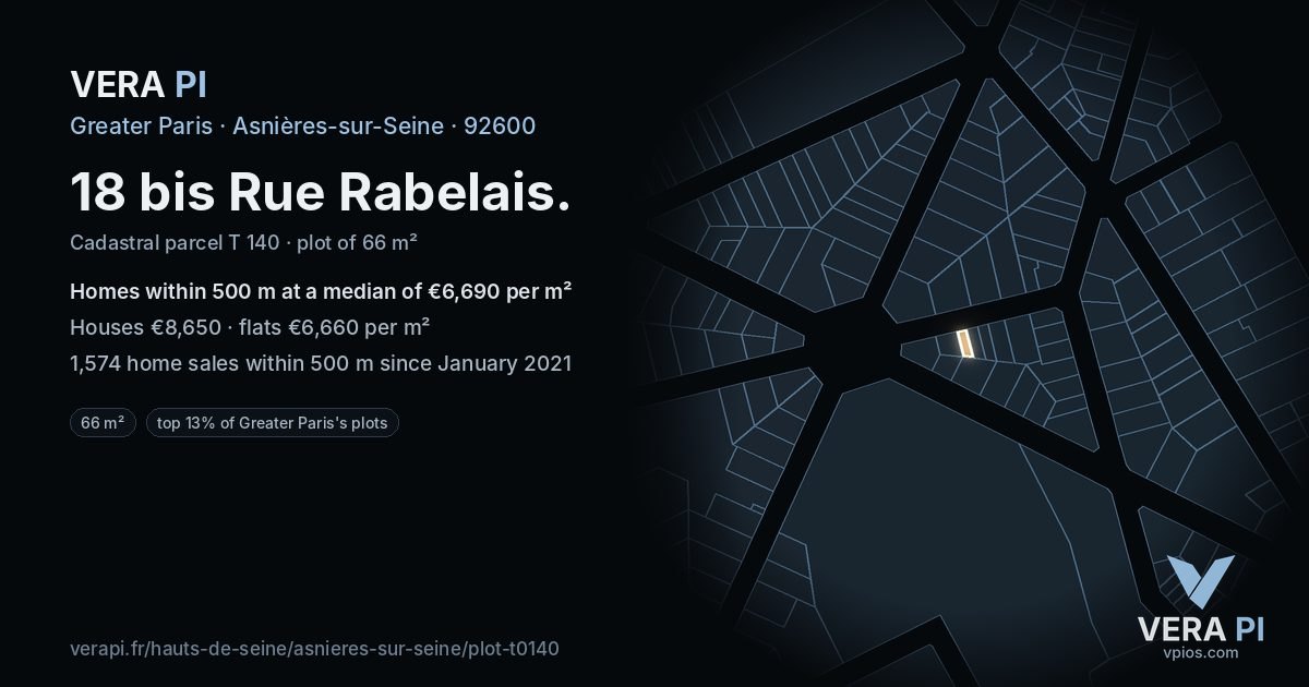 18 bis Rue Rabelais, Asnières-sur-Seine at night – the plot lit, the parcels around coloured by the prices near them