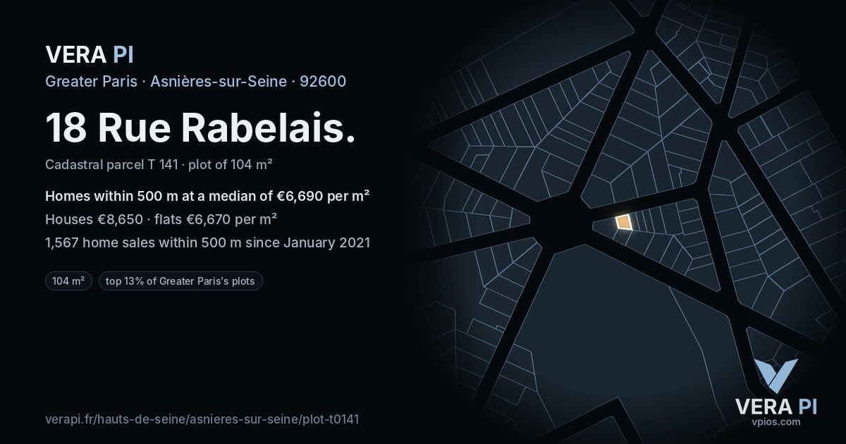 18 Rue Rabelais, Asnières-sur-Seine at night – the plot lit, the parcels around coloured by the prices near them