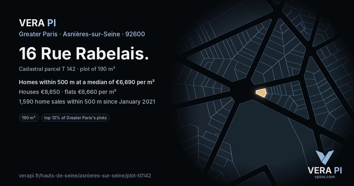 16 Rue Rabelais, Asnières-sur-Seine at night – the plot lit, the parcels around coloured by the prices near them