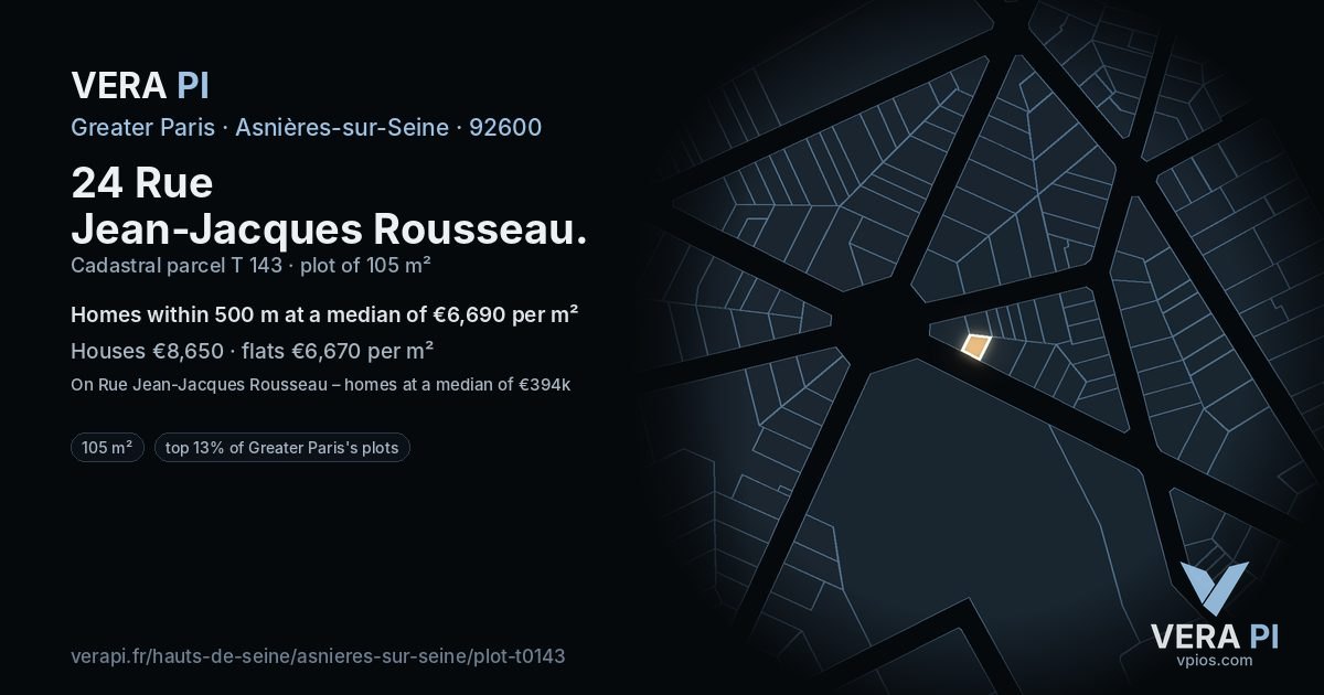24 Rue Jean-Jacques Rousseau, Asnières-sur-Seine at night – the plot lit, the parcels around coloured by the prices near them