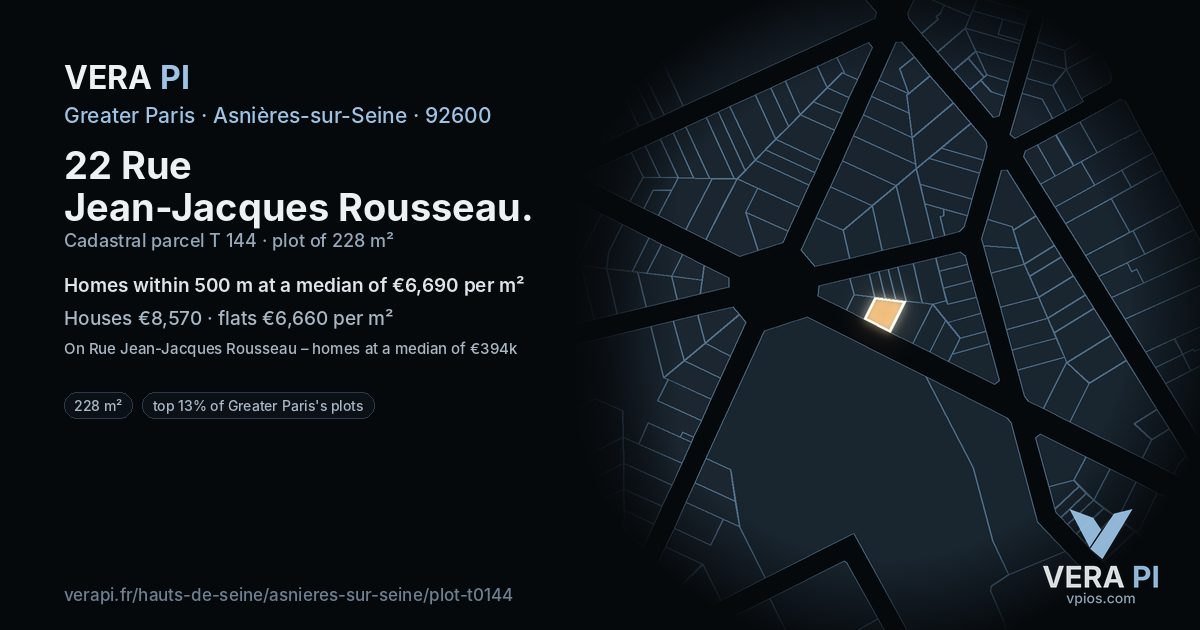 22 Rue Jean-Jacques Rousseau, Asnières-sur-Seine at night – the plot lit, the parcels around coloured by the prices near them