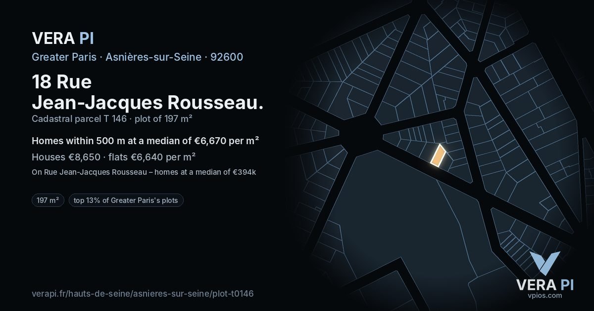18 Rue Jean-Jacques Rousseau, Asnières-sur-Seine at night – the plot lit, the parcels around coloured by the prices near them