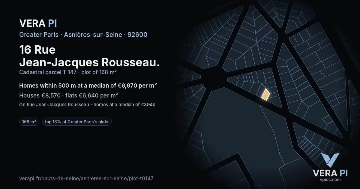 16 Rue Jean-Jacques Rousseau, Asnières-sur-Seine at night – the plot lit, the parcels around coloured by the prices near them