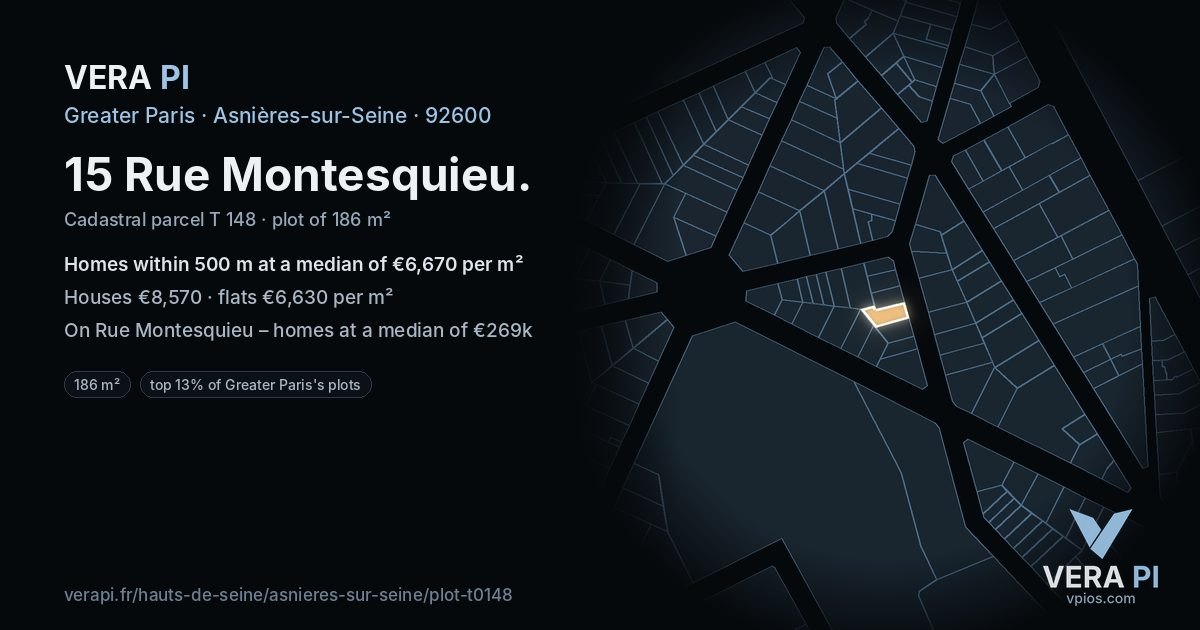 15 Rue Montesquieu, Asnières-sur-Seine at night – the plot lit, the parcels around coloured by the prices near them