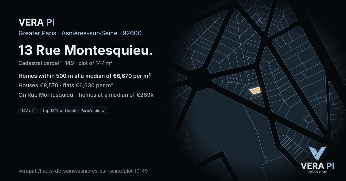 13 Rue Montesquieu, Asnières-sur-Seine at night – the plot lit, the parcels around coloured by the prices near them