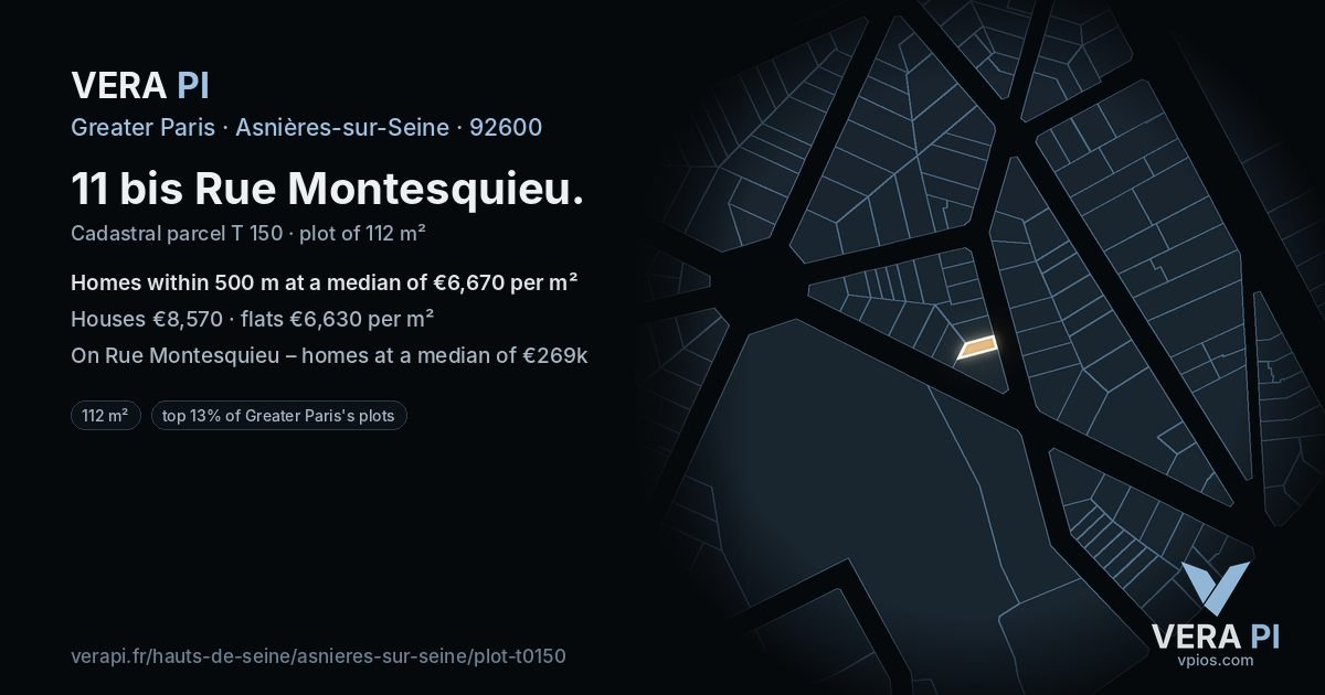 11 bis Rue Montesquieu, Asnières-sur-Seine at night – the plot lit, the parcels around coloured by the prices near them