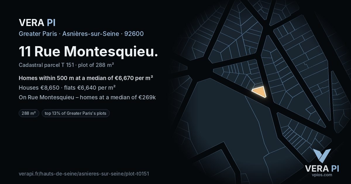11 Rue Montesquieu, Asnières-sur-Seine at night – the plot lit, the parcels around coloured by the prices near them