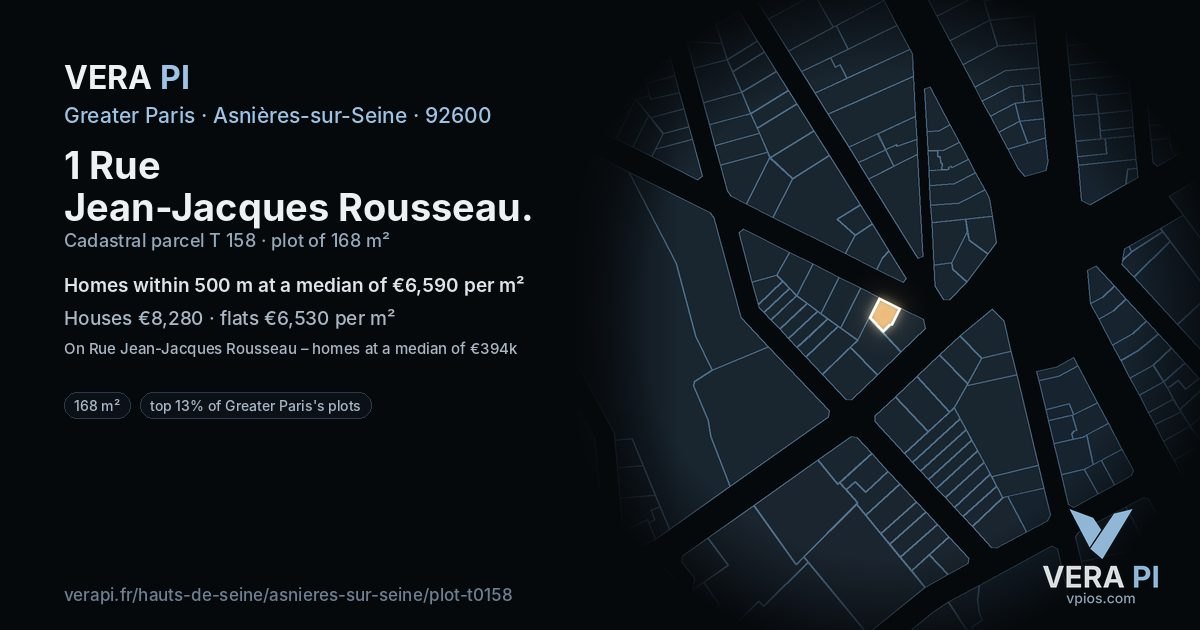 1 Rue Jean-Jacques Rousseau, Asnières-sur-Seine at night – the plot lit, the parcels around coloured by the prices near them