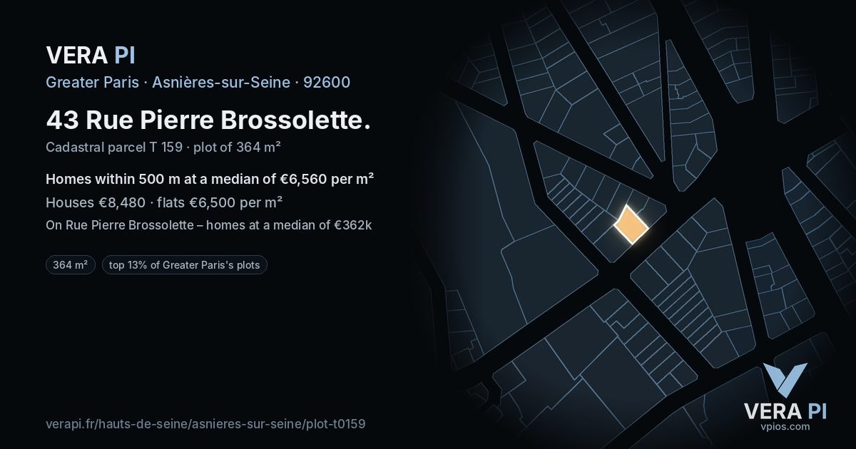 43 Rue Pierre Brossolette, Asnières-sur-Seine at night – the plot lit, the parcels around coloured by the prices near them
