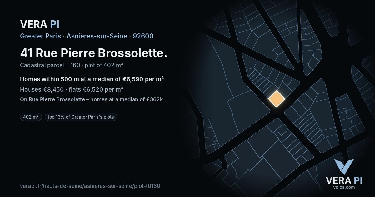 41 Rue Pierre Brossolette, Asnières-sur-Seine at night – the plot lit, the parcels around coloured by the prices near them