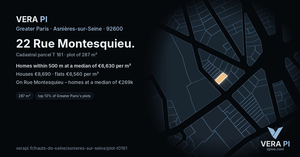 22 Rue Montesquieu, Asnières-sur-Seine at night – the plot lit, the parcels around coloured by the prices near them