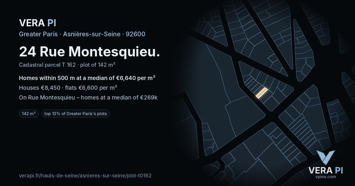 24 Rue Montesquieu, Asnières-sur-Seine at night – the plot lit, the parcels around coloured by the prices near them