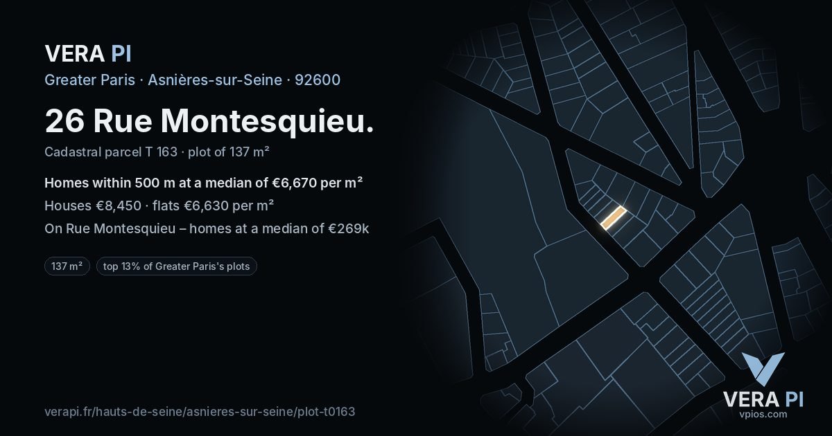 26 Rue Montesquieu, Asnières-sur-Seine at night – the plot lit, the parcels around coloured by the prices near them