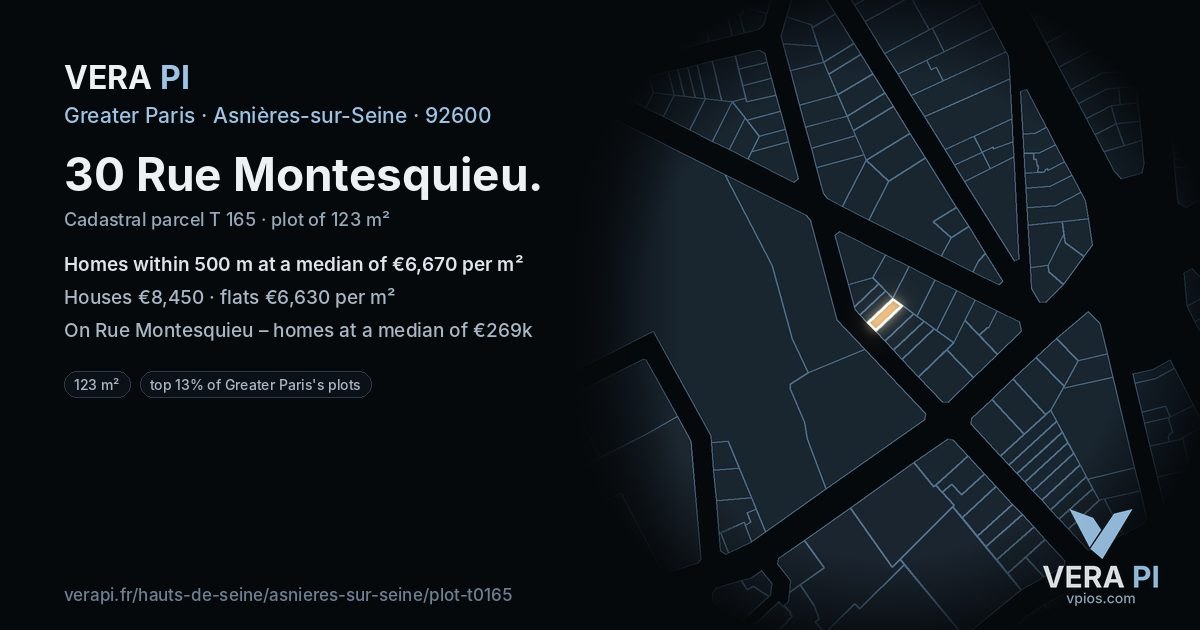 30 Rue Montesquieu, Asnières-sur-Seine at night – the plot lit, the parcels around coloured by the prices near them