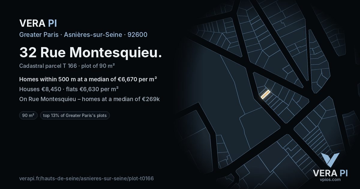 32 Rue Montesquieu, Asnières-sur-Seine at night – the plot lit, the parcels around coloured by the prices near them