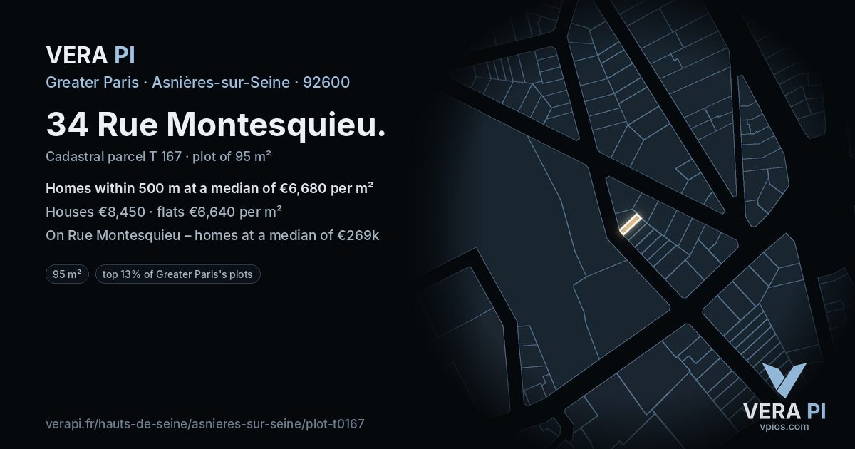 34 Rue Montesquieu, Asnières-sur-Seine at night – the plot lit, the parcels around coloured by the prices near them