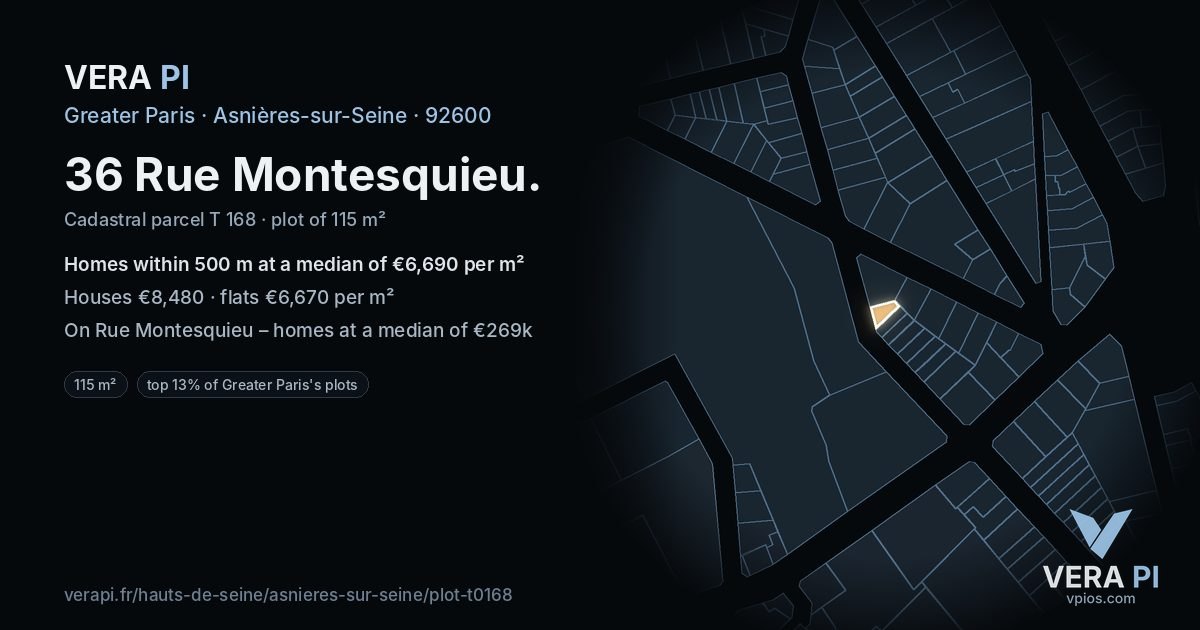 36 Rue Montesquieu, Asnières-sur-Seine at night – the plot lit, the parcels around coloured by the prices near them
