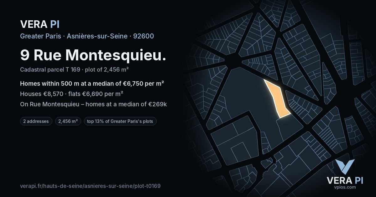 9 Rue Montesquieu, Asnières-sur-Seine at night – the plot lit, the parcels around coloured by the prices near them