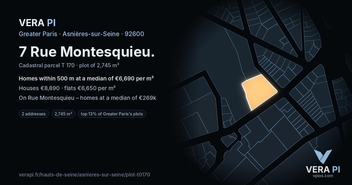 7 Rue Montesquieu, Asnières-sur-Seine at night – the plot lit, the parcels around coloured by the prices near them