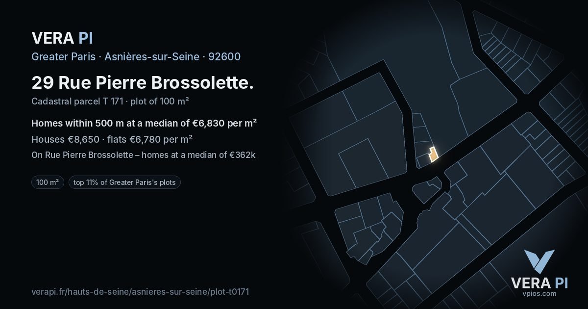 29 Rue Pierre Brossolette, Asnières-sur-Seine at night – the plot lit, the parcels around coloured by the prices near them
