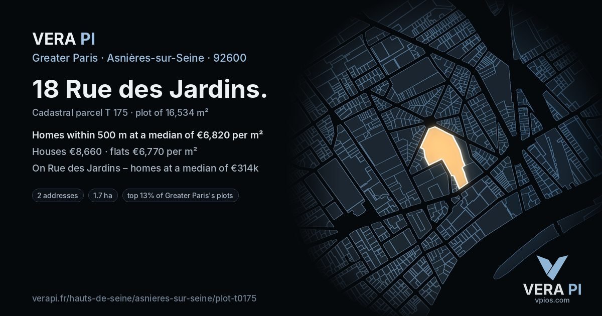 18 Rue des Jardins, Asnières-sur-Seine at night – the plot lit, the parcels around coloured by the prices near them