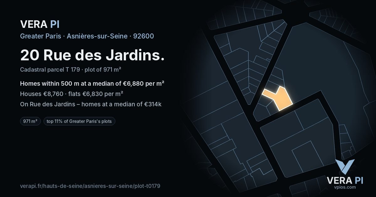 20 Rue des Jardins, Asnières-sur-Seine at night – the plot lit, the parcels around coloured by the prices near them