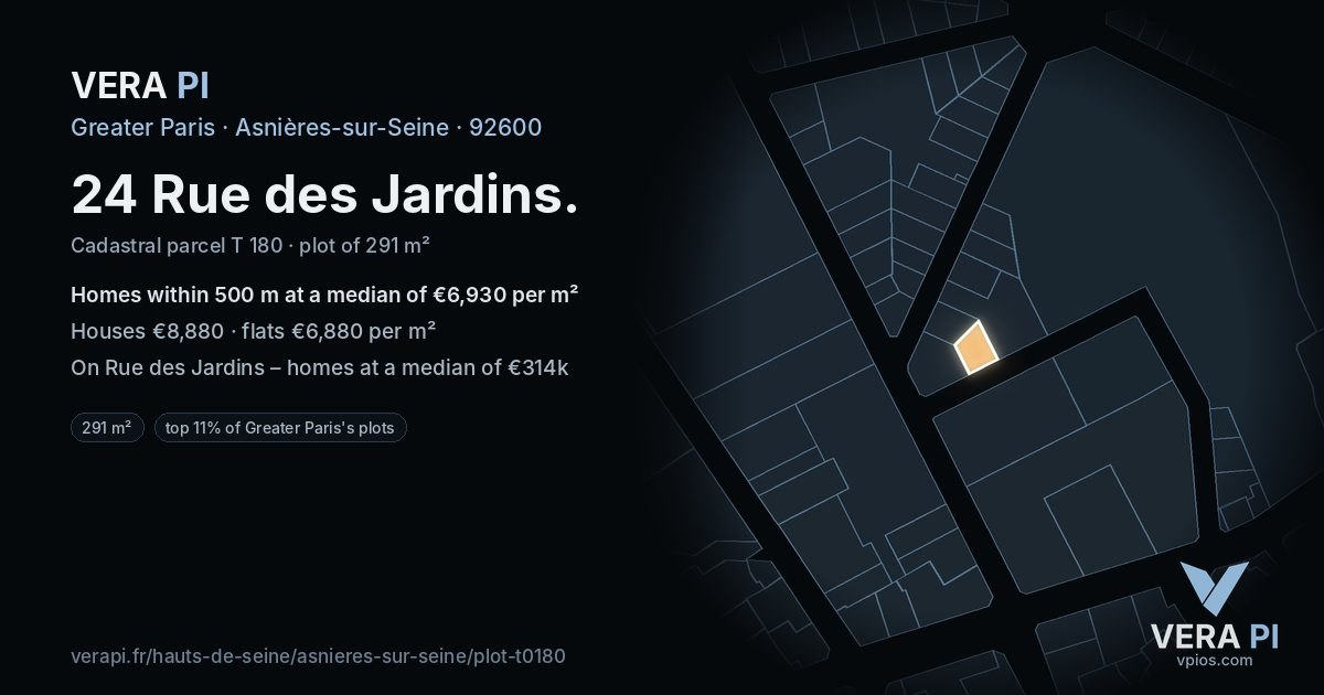 24 Rue des Jardins, Asnières-sur-Seine at night – the plot lit, the parcels around coloured by the prices near them