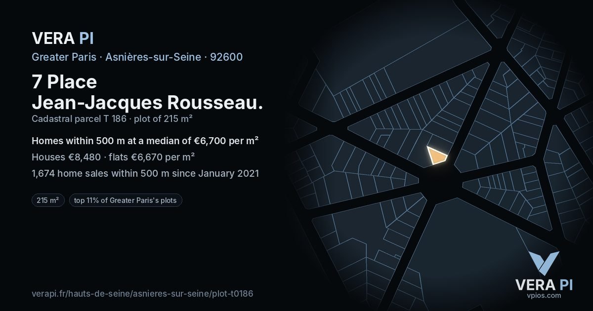 7 Place Jean-Jacques Rousseau, Asnières-sur-Seine at night – the plot lit, the parcels around coloured by the prices near them