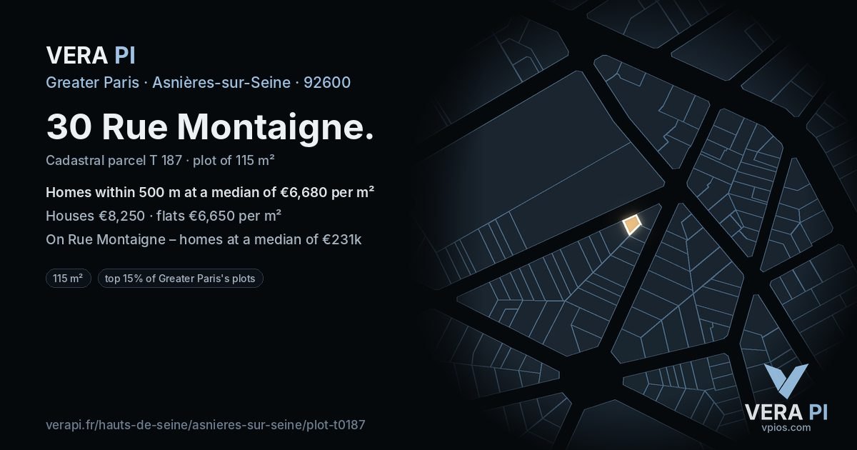 30 Rue Montaigne, Asnières-sur-Seine at night – the plot lit, the parcels around coloured by the prices near them