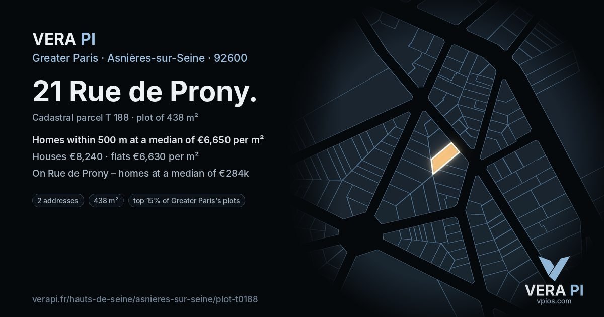 21 Rue de Prony, Asnières-sur-Seine at night – the plot lit, the parcels around coloured by the prices near them