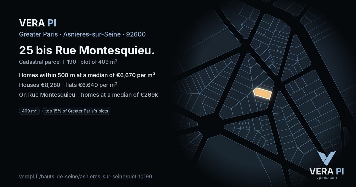 25 bis Rue Montesquieu, Asnières-sur-Seine at night – the plot lit, the parcels around coloured by the prices near them