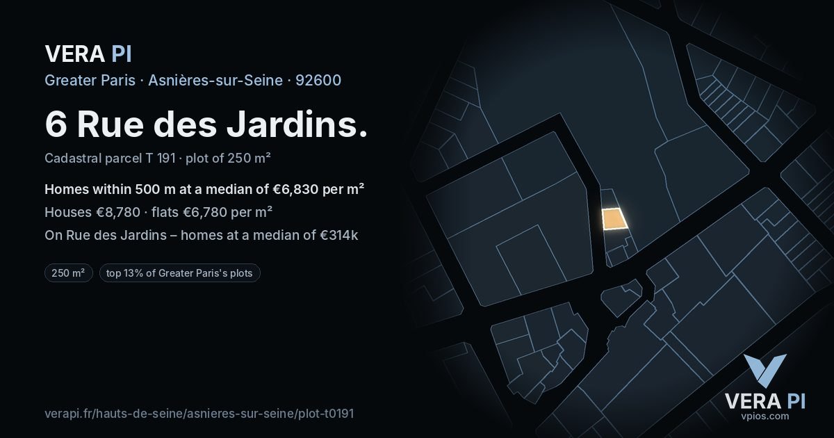 6 Rue des Jardins, Asnières-sur-Seine at night – the plot lit, the parcels around coloured by the prices near them