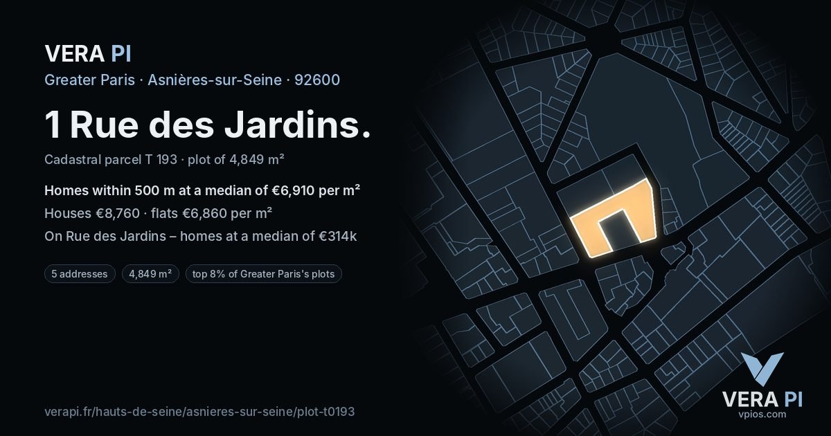 1 Rue des Jardins, Asnières-sur-Seine at night – the plot lit, the parcels around coloured by the prices near them