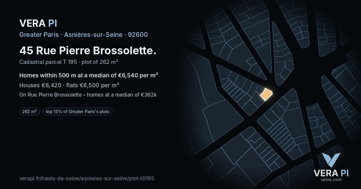 45 Rue Pierre Brossolette, Asnières-sur-Seine at night – the plot lit, the parcels around coloured by the prices near them