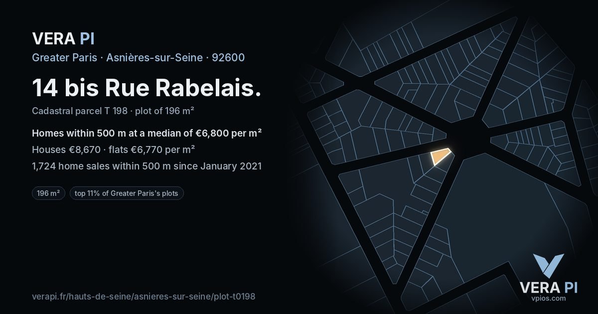 14 bis Rue Rabelais, Asnières-sur-Seine at night – the plot lit, the parcels around coloured by the prices near them