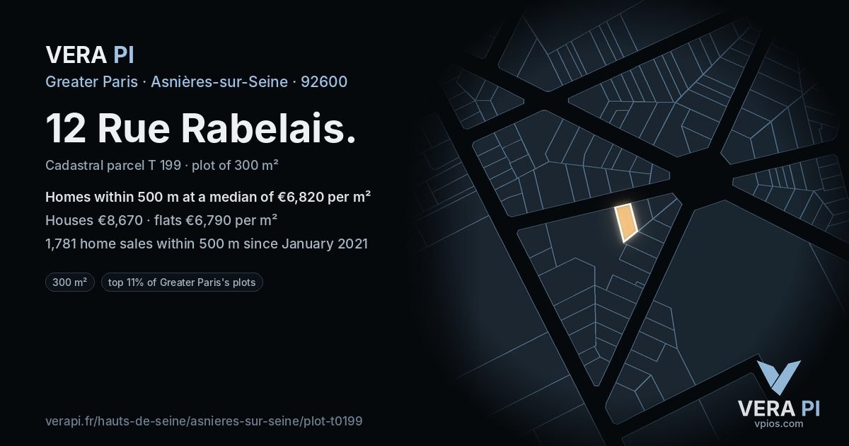 12 Rue Rabelais, Asnières-sur-Seine at night – the plot lit, the parcels around coloured by the prices near them