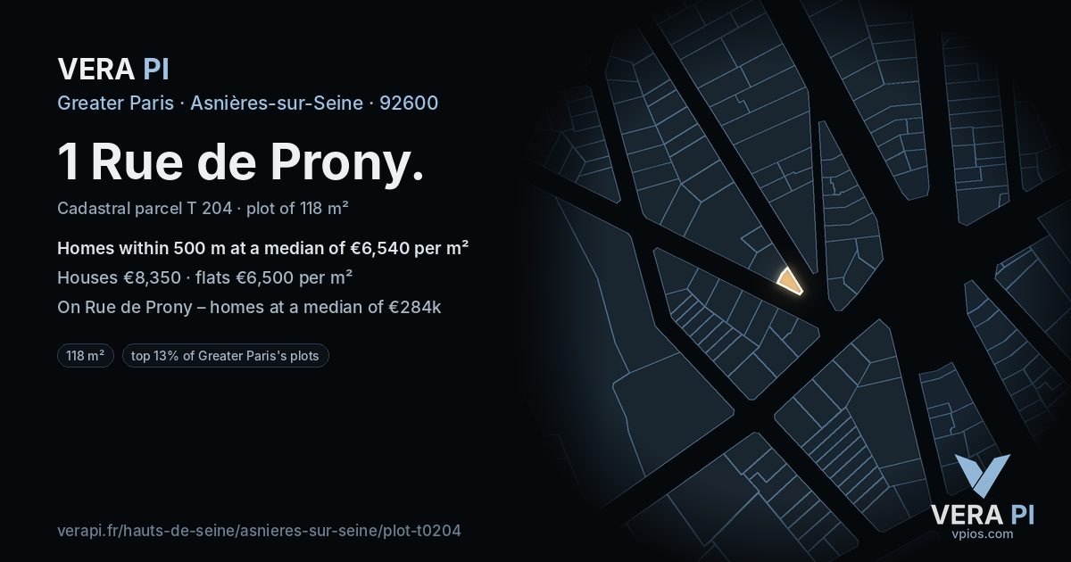 1 Rue de Prony, Asnières-sur-Seine at night – the plot lit, the parcels around coloured by the prices near them