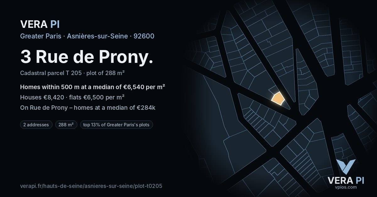 3 Rue de Prony, Asnières-sur-Seine at night – the plot lit, the parcels around coloured by the prices near them