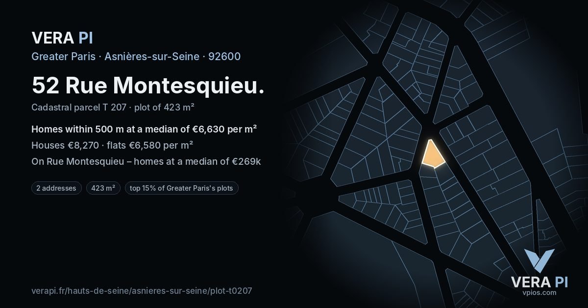 52 Rue Montesquieu, Asnières-sur-Seine at night – the plot lit, the parcels around coloured by the prices near them