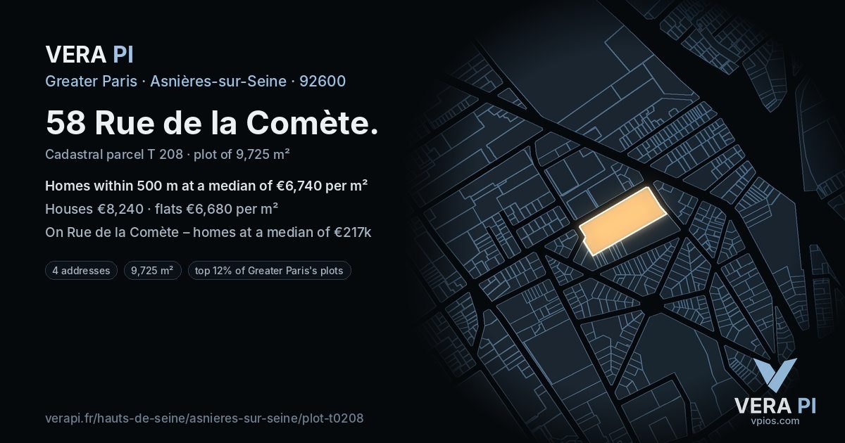 58 Rue de la Comète, Asnières-sur-Seine at night – the plot lit, the parcels around coloured by the prices near them