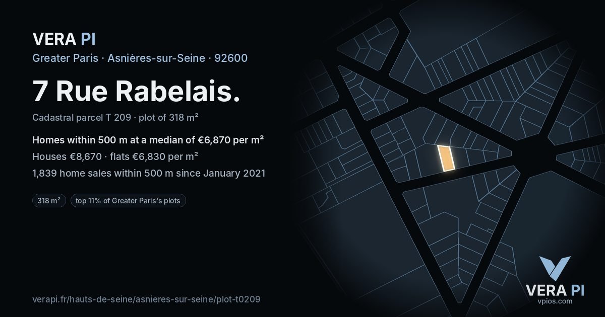 7 Rue Rabelais, Asnières-sur-Seine at night – the plot lit, the parcels around coloured by the prices near them